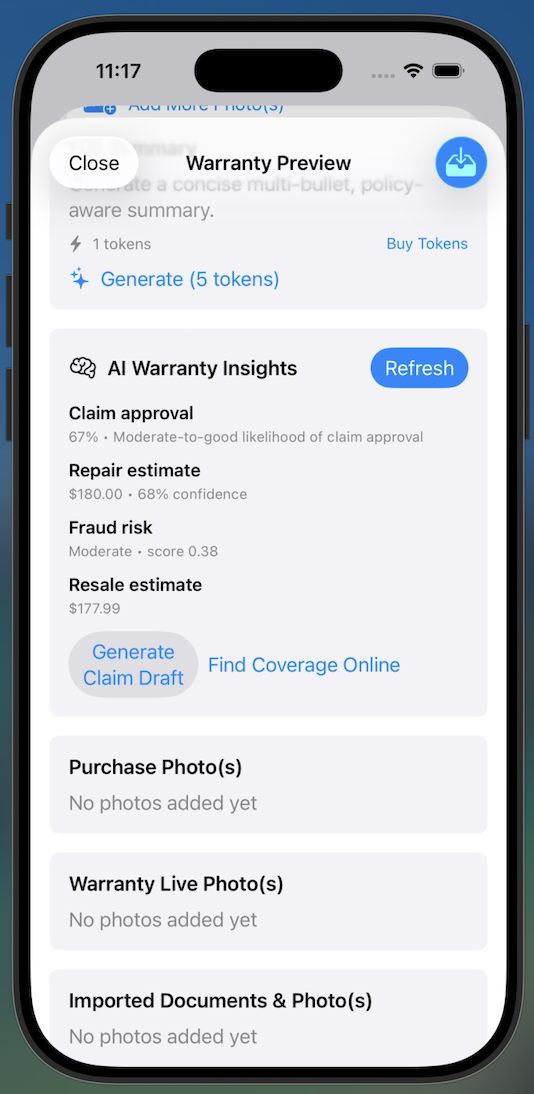 SmartWarrantyApp claim workflow screenshot
